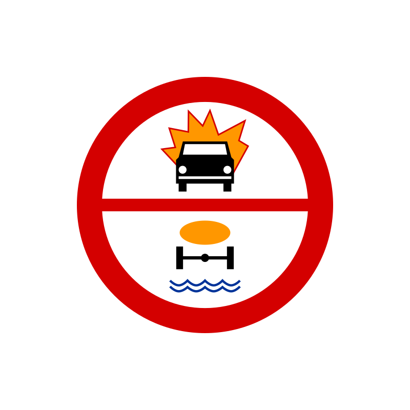 Znak B-13/14 Zakaz wjazdu pojazdów z materiałami wybuchowymi i łatwo zapalnymi oraz które mogą skazić wodę