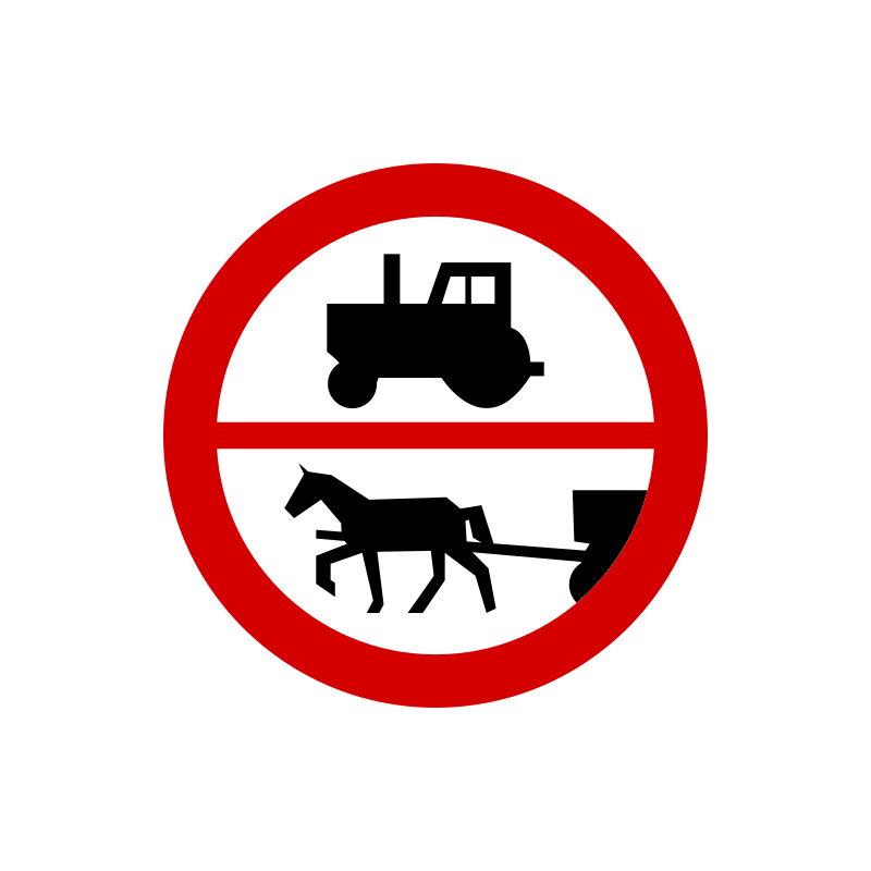 Znak B-6/8 Zakaz wjazdu ciągników rolniczych oraz pojazdów zaprzęgowych