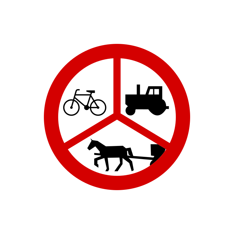 Znak B-6/8/9 Zakaz wjazdu ciągników rolniczych, pojazdów zaprzęgowych i rowerów
