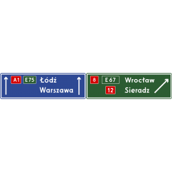 Znak E-2d Drogowskaz tablicowy umieszczany nad jezdnią na autostradzie