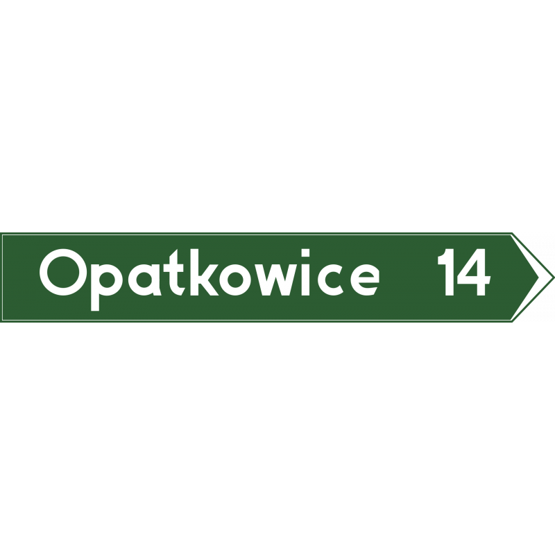 Znak E-4 Drogowskaz w kształcie strzały do miejscowości podający do niej odległość